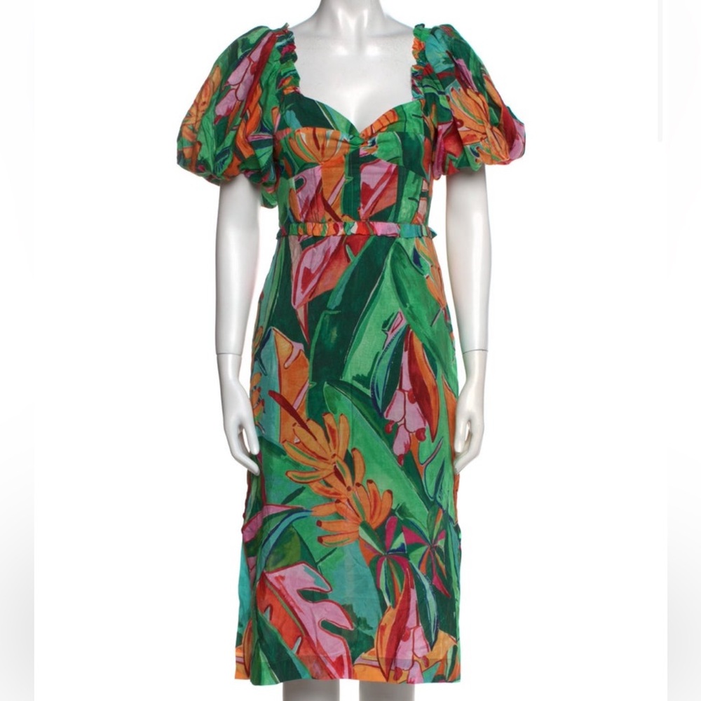 Farm Rio Midi vacation puff sleeve foliage dress RETAIL 450 - Picture 3 of 6